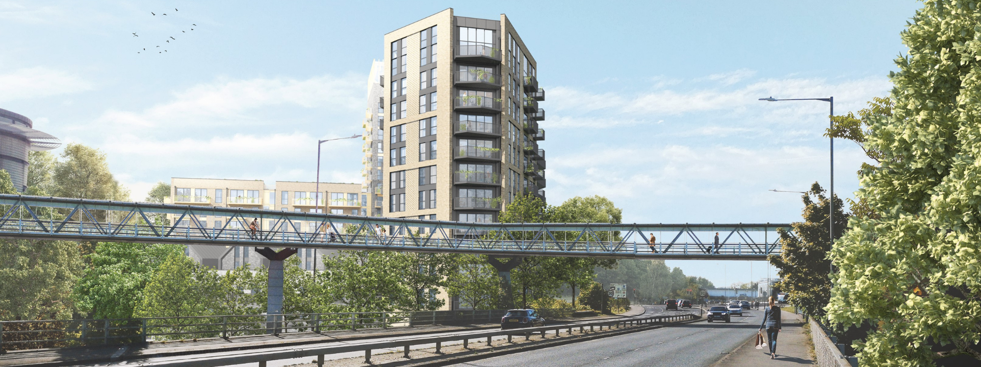 Concept image of the Infinity Tower behind the International Station Car Park bridge